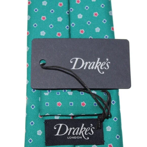 Drake's NWT Neck Tie in Teal Green with Red & Blue Geometric Pattern 100% Silk